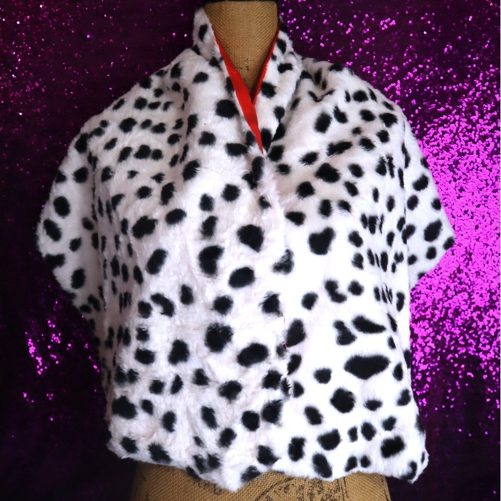 Dalmatian Faux Fur Stole Womens Print Red Lining Wrap Cruella Costume Halloween